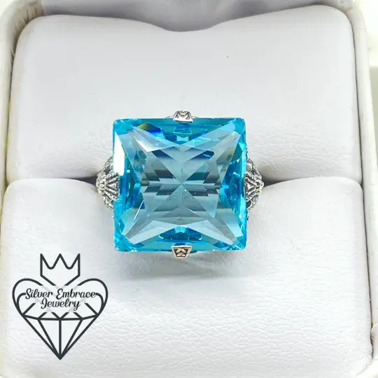 Aquamarine Ring, Size 7, Square 12ct Gem, Victorian Jewelry #D77 - Ready to Ship