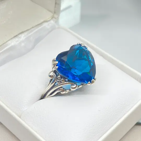 Heart Ring, Size 11, London Blue Gemstone, Art Deco Jewelry #D213 - Ready to Ship