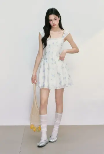 Summer Vacation Style Floral Mini Dress With Lace Trim And Square Neck R9431