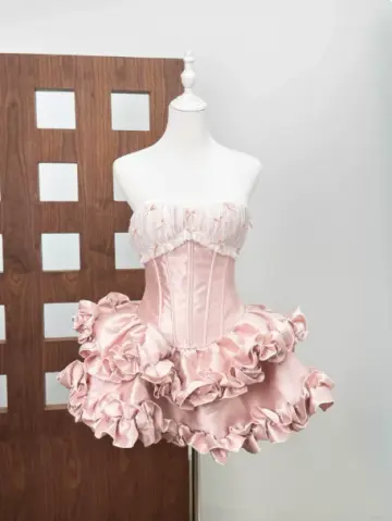 Cute Pearl Pink A-Line Strapless Mini Women Dress with Lavered Fold Homecoming Dress Birthday Dress RS133