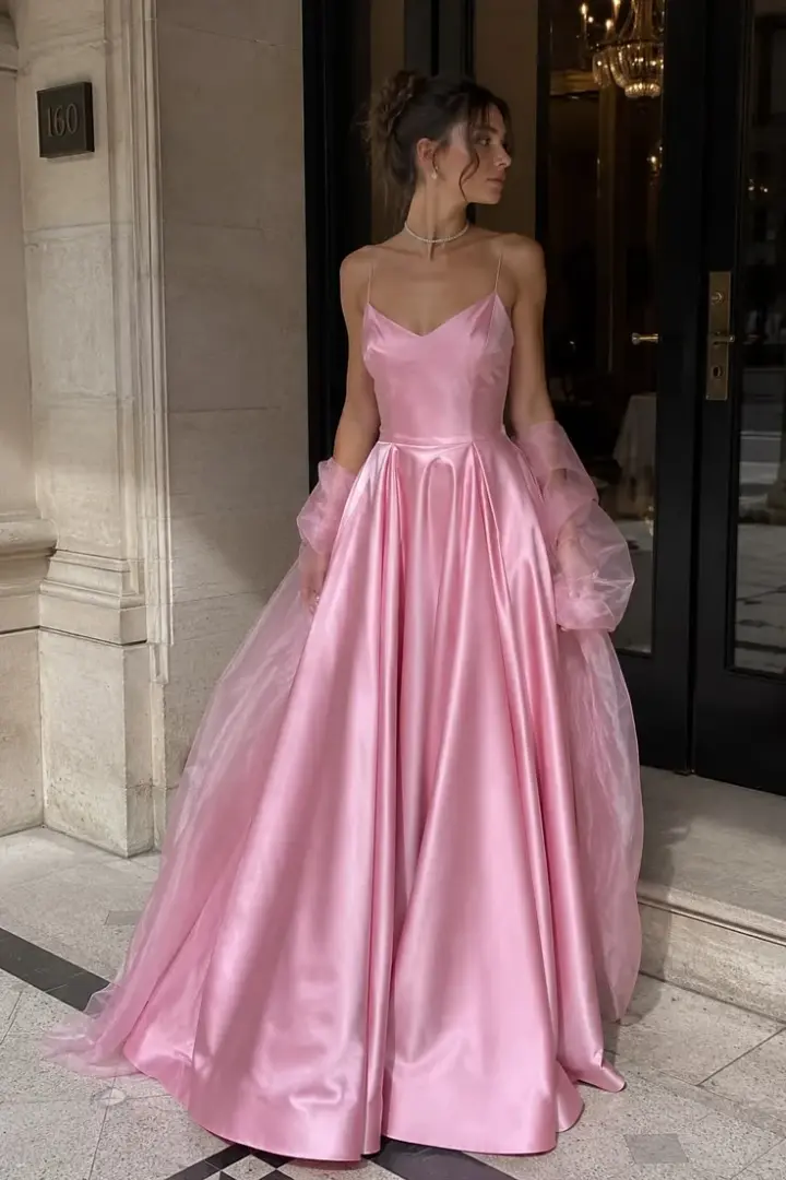 Silky Satin Women's Prom Gown Barbie Pink Corset Maxi Evening Dress Birthday Dress — Fall Outfit 2026 New RS3187