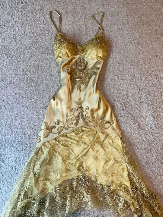 Gold Charming Suspender Waist Pattern Design Irregular Skirt Long Dress Prom Dress Homecoming Dress R2960