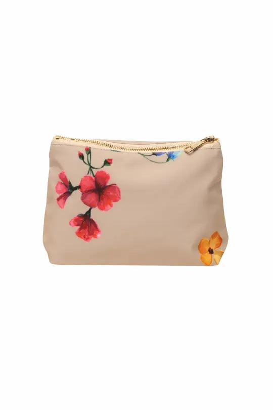 Beige Makeup Bag with Colorful Flower Print | Spring Bloom