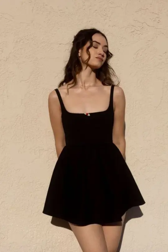 Black elegant suspenders waist slim A-line short skirt homecoming dress R3271