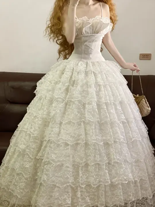 White Spaghetti-Strap Waist-Cinched Lace Puffy-Hem Ball Gown, Bridal Gown R7323