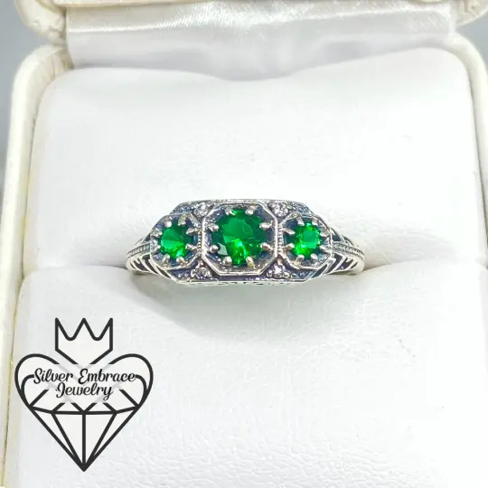 Emerald Ring, Size 9, Art Deco Jewelry #D161 - Ready to Ship