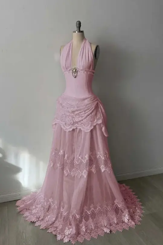 Soft Pink Prom Dress ,A-Line Halter Lace Decor Corset Maxi Summer Dress RS985