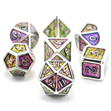 Purple Green Color Shifting Glitter Metal Dice Set – 7-Piece Silver Trim DnD