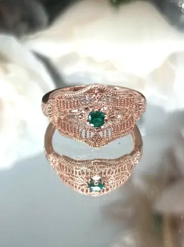 Natural Green Emerald Ring, Size 7, Rose Gold Overlay, Art Deco Vintage Style Jewelry #D218 - Ready to ship
