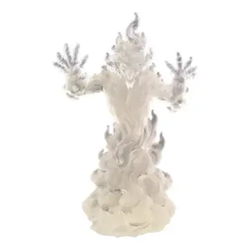 Unpainted 28mm 3D-printed clear resin fire elemental with arms raised, clawed fingers spread and flame hair, tabletop RPG miniature for D&D, Pathfinder & wargaming