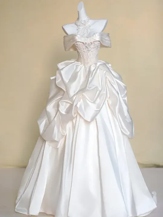 Pink off-the-shoulder wedding dress with white satin skirt R5737