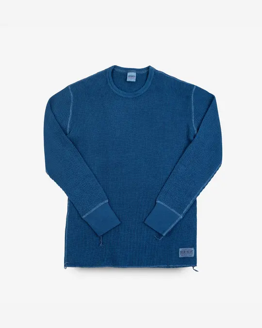 Waffle Knit Long Sleeved Crew Neck Thermal Top - Indigo Dyed