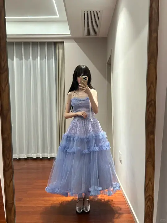 Light blue strapless fitted long ball gown R8845