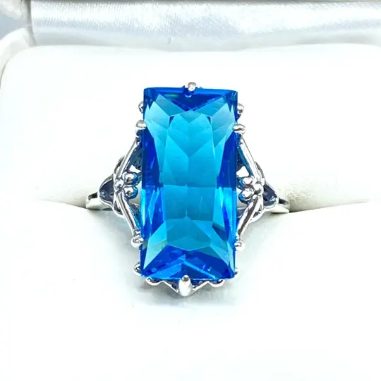 Swiss Blue Topaz Ring, Size 7, Baguette Gem, Gothic Filigree, D67 - Ready to Ship