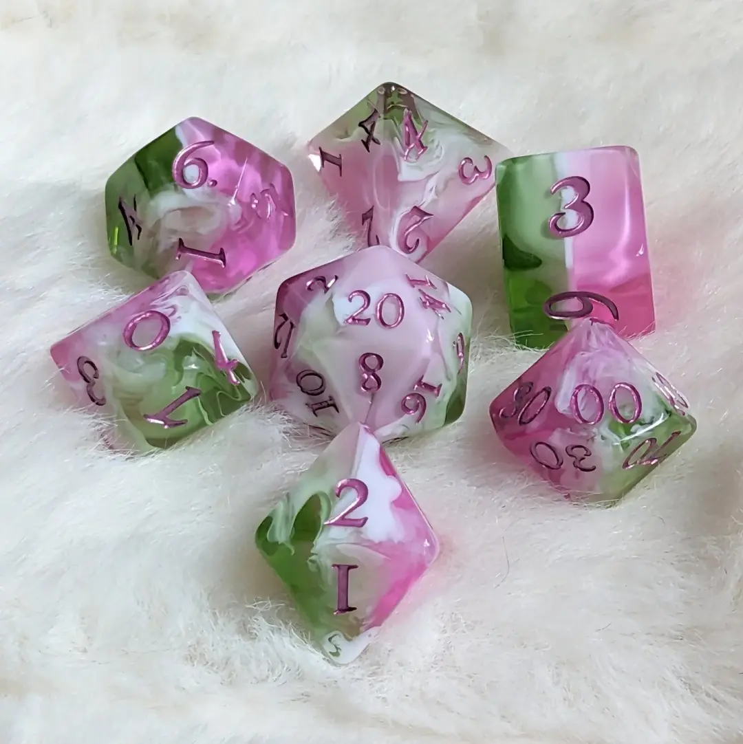 Bardic Inspiration Dice Set – 7-Piece Pink Green White DnD Dice | Fennek & Finch