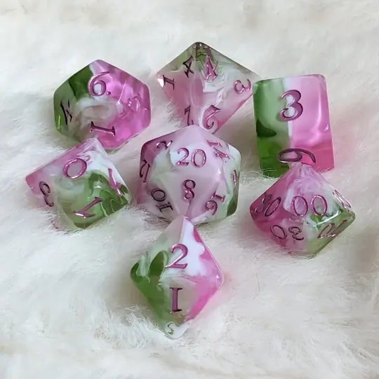 Bardic Inspiration Dice Set – 7-Piece Pink Green White DnD Dice | Fennek & Finch