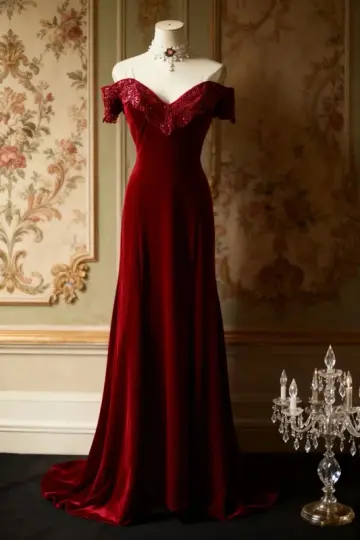 Red off-the-shoulder fitted long ball gown R6733