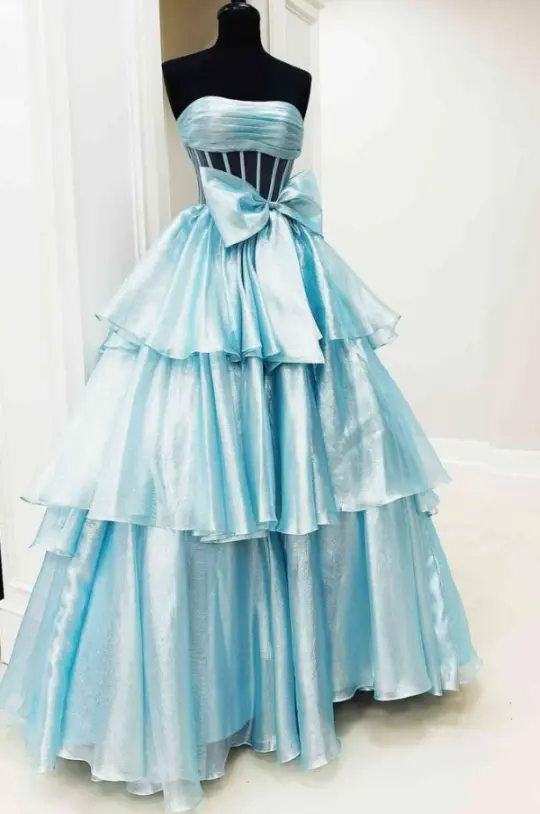 Niche Pale Blue Ruffled A-Line Strapless Corset Maxi Evening Dress Prom Dress RS553