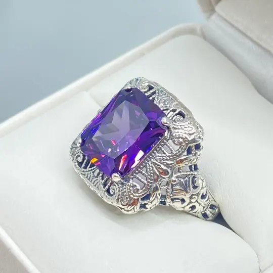 Amethyst Cubic Zirconia (CZ) Ring - Size 8.5, Intricate Victorian Jewelry #D149 - Ready to Ship