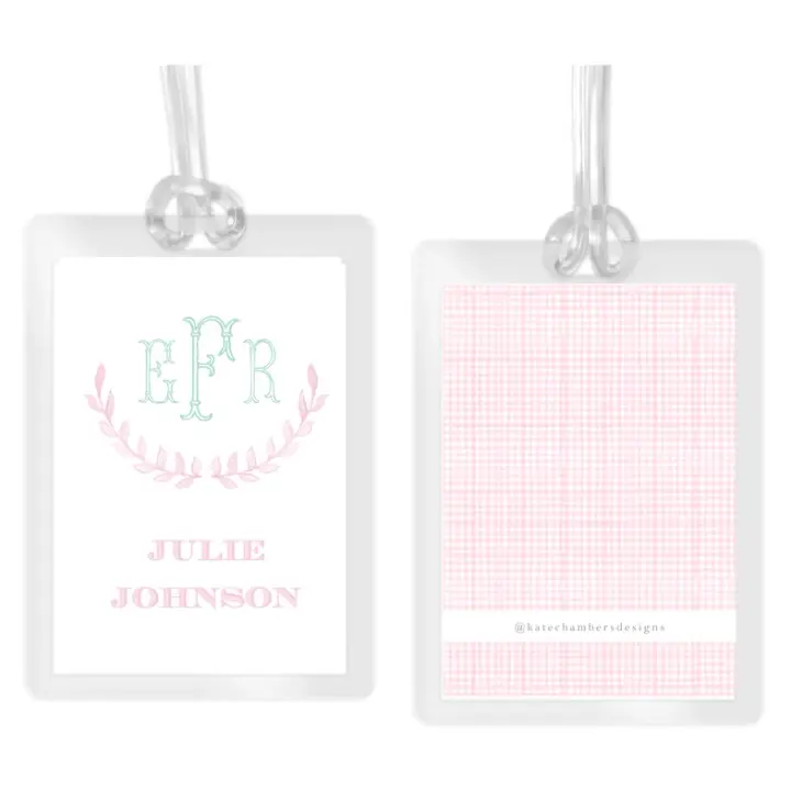 Girl's Mint Laurel Wreath Pink Gingham Laminated Bag Tag