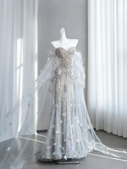 Champagne-colored, rhinestone-embellished, strapless, fitted, long ball gown/bridal dress R8856