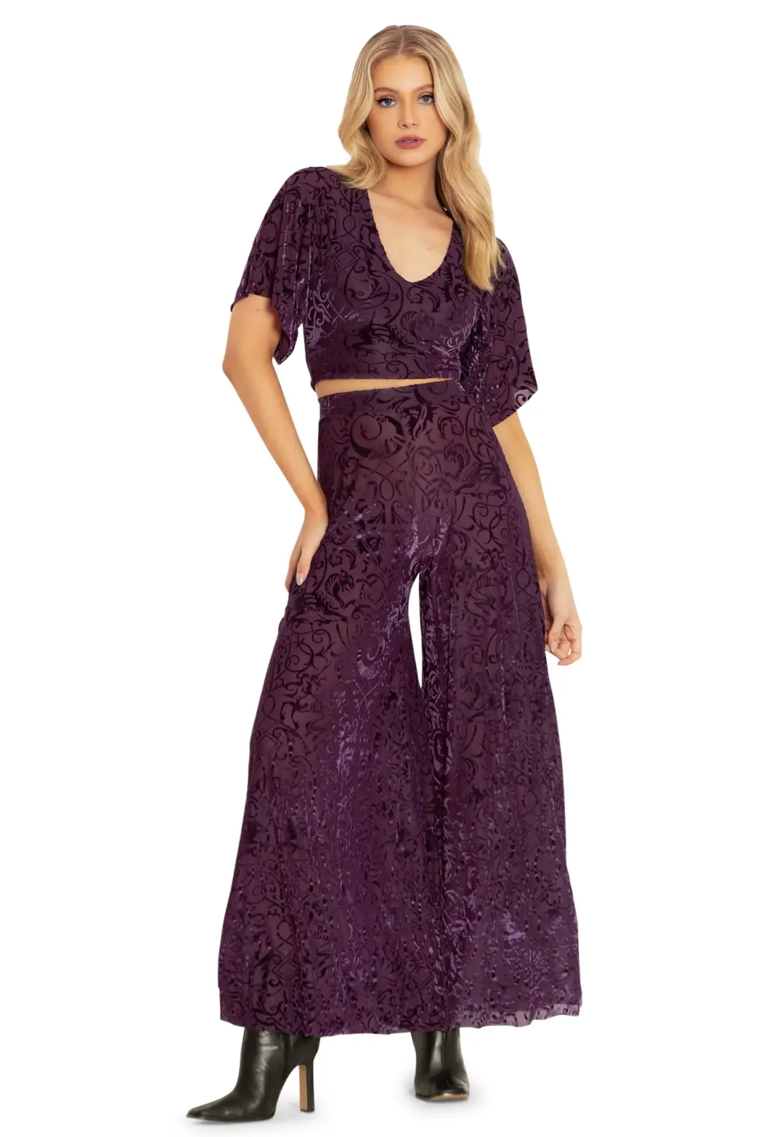 Burned Velvet Gothic Gates Plum Palazzo Pants