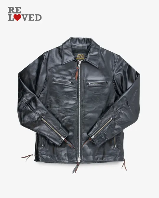Japanese Horsehide Rider’s Jacket with Collar - Black (Tea-Core Dyed) (IHJ-54-BLK) Size XXL