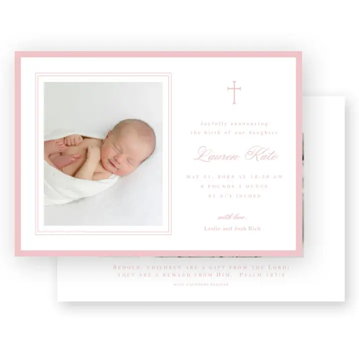 Girl's Pink Cross with Double Border Landscape Birth Announcement