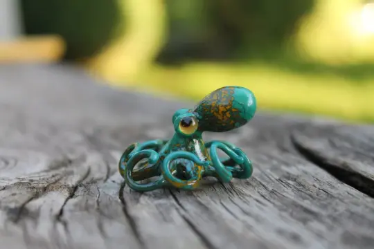 Handmade Glass Octopus Figurine Green With Golden Sea Animal