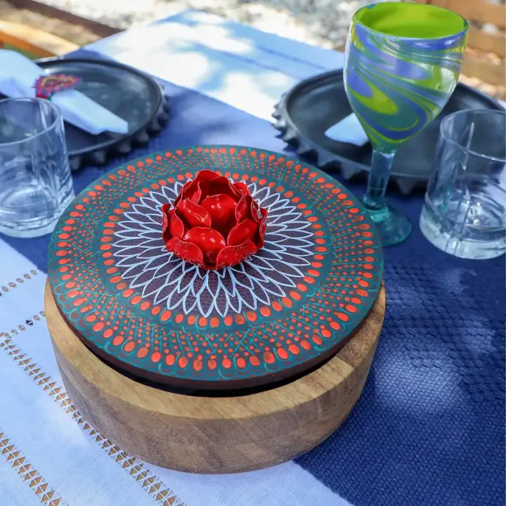 Hand-painted Parota Solid Wood Kitchen Tortillero/Basket