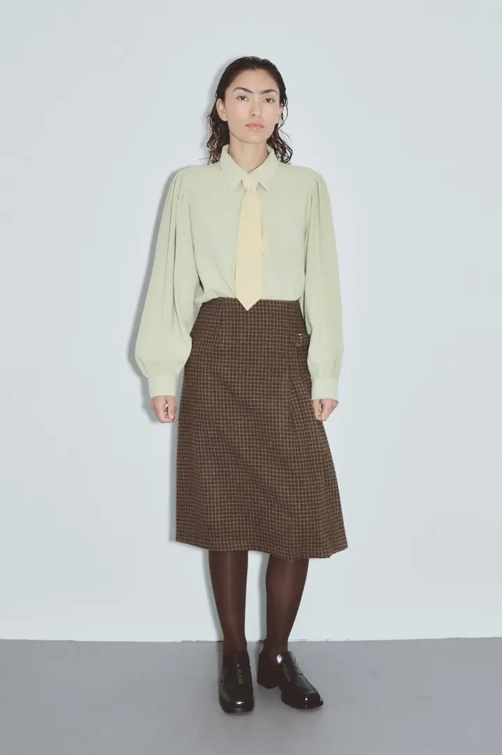 Moss Plaid Wool Blend Midi Skirt