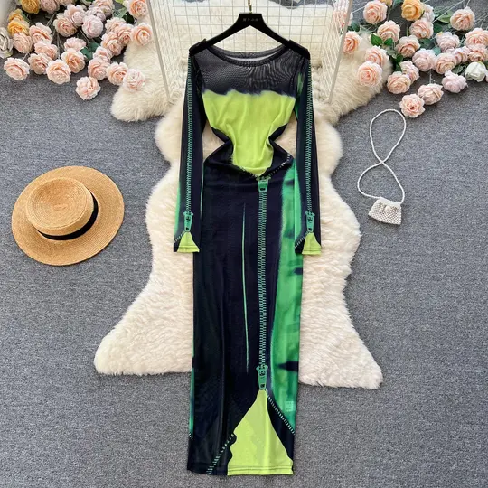 Hot girl style printed dress tulle long sleeves unique tight pure desire long skirt R2240