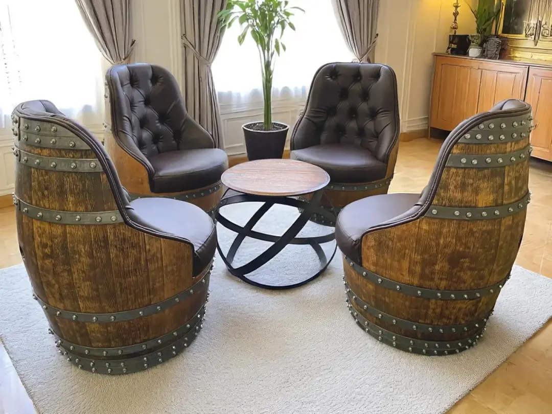 Luxury Whiskey & Wine Barrel Captain Chair Corner Set — Two Chairs & Corner Table