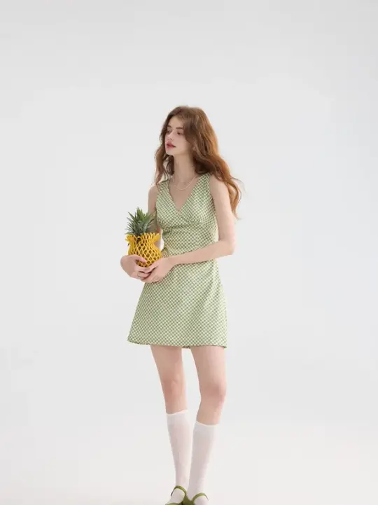 French green dress suspenders short skirt holiday wear skirt R2751