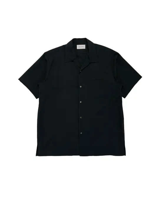 MARKAWARE Italian Open Collar S/S Shirt Organic Wool 2/80 Tropical Black