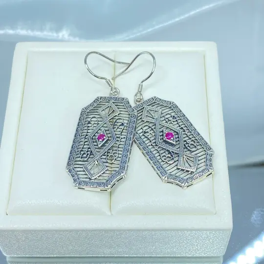 Natural Ruby Earrings, Geometric Art Deco Inspired Vintage Revival Jewelry #E357 - Ready to Ship