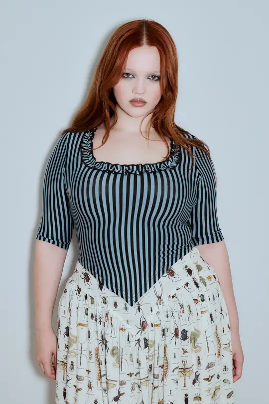 Ruffled Scoop Neck Crop V Top Blue Stripe