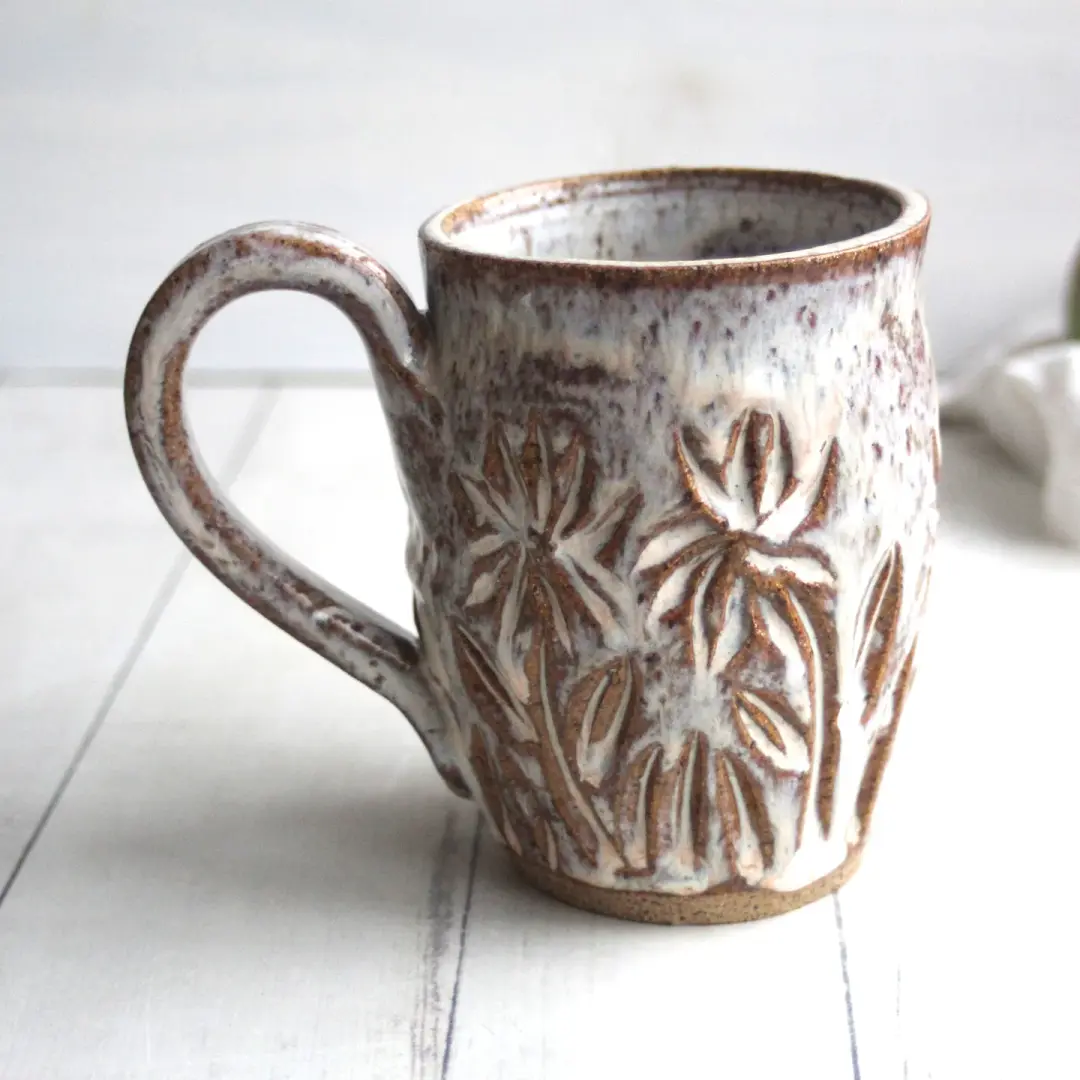 Handcrafted Mug in Dripping White Glaze Over Speckled Stoneware , Hand Carved, Made in USA