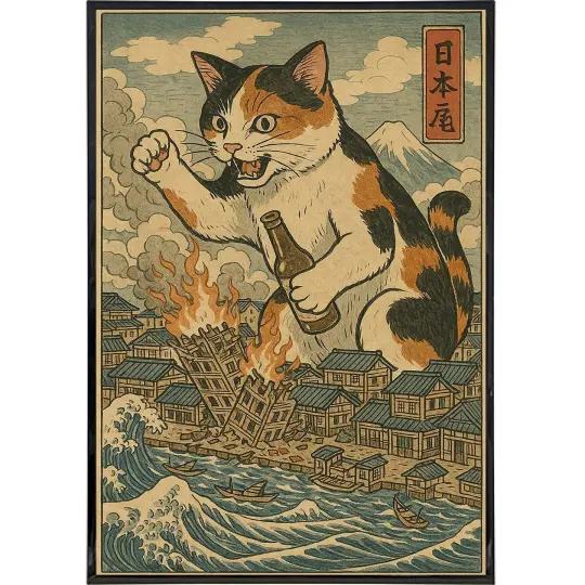 Giant Cat Ukiyo-E Poster Print - Japanese Art Cat Destroying City - Alternative Wall Art