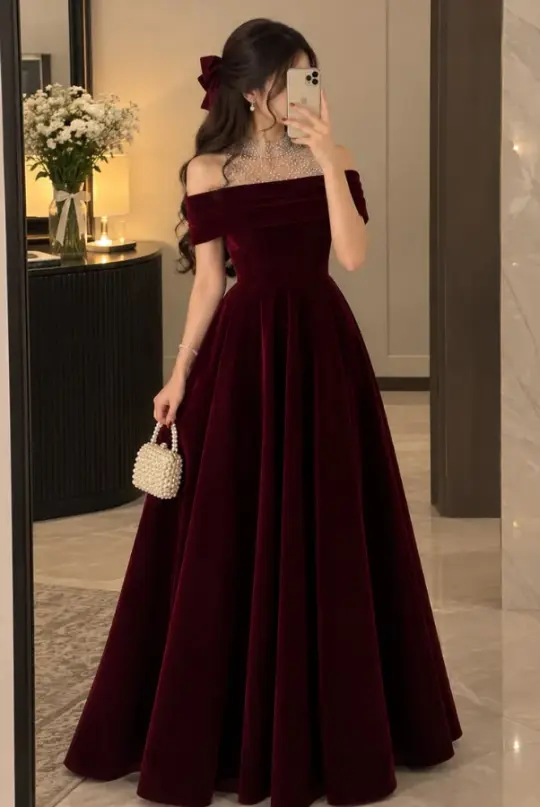 Sweet Beaded Velvet Prom Gown Burgundy Women's Maxi Evening Dress Birthday Dress RS2789