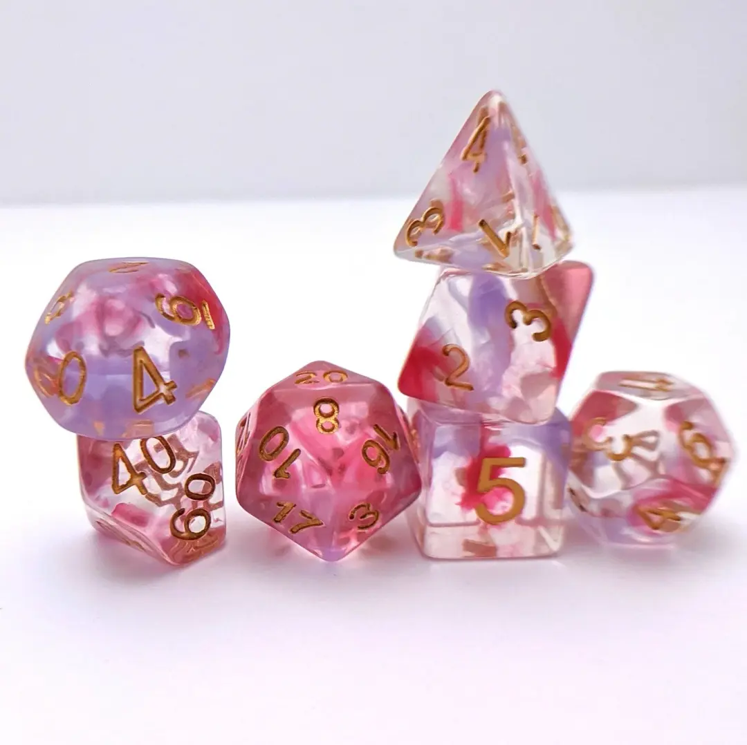 Bleeding Heart Dice Set – 7-Piece Translucent Purple Pink Ink Swirls Resin DnD