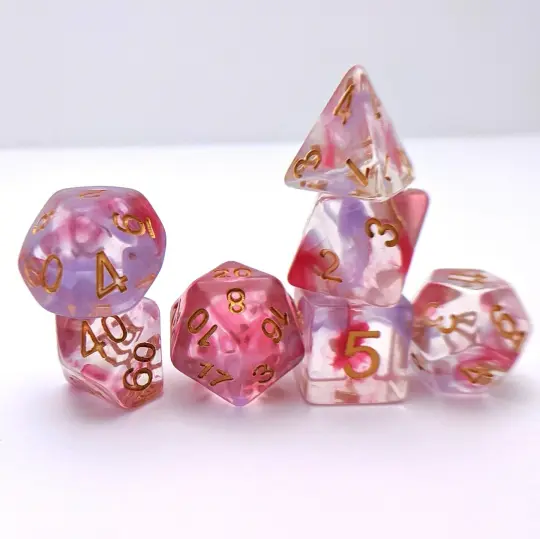 Bleeding Heart Dice Set – 7-Piece Translucent Purple Pink Ink Swirls Resin DnD