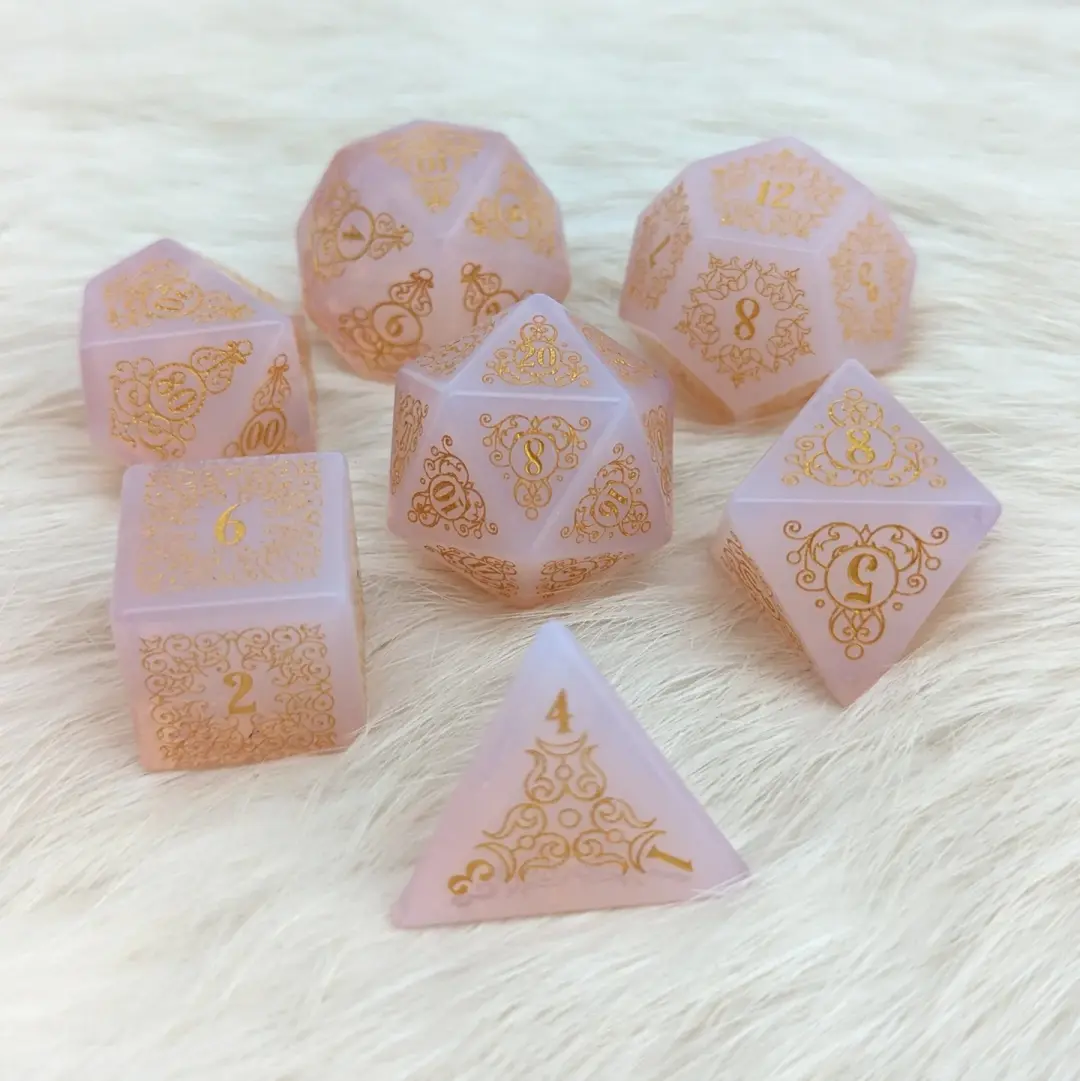 Garden Gate Pink Opalite Gemstone Dice Set – 7-Piece DnD Dice | Fennek & Finch