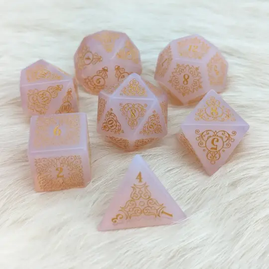 Garden Gate Pink Opalite Gemstone Dice Set – 7-Piece DnD Dice | Fennek & Finch