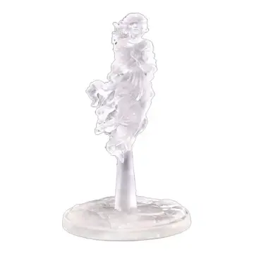 Unpainted 28mm 3D-printed windswept female ghost miniature of a young noblewoman with arms crossed over her heart and gown blowing sideways in clear resin, tabletop RPG miniature for D&D, Pathfinder & wargaming