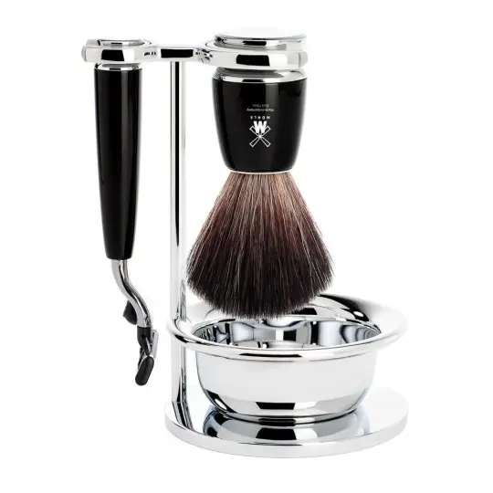 MÜHLE RYTMO 4 Pc. Shaving Set, Black Fibre Brush & Gillette® Mach3® Razor, Black