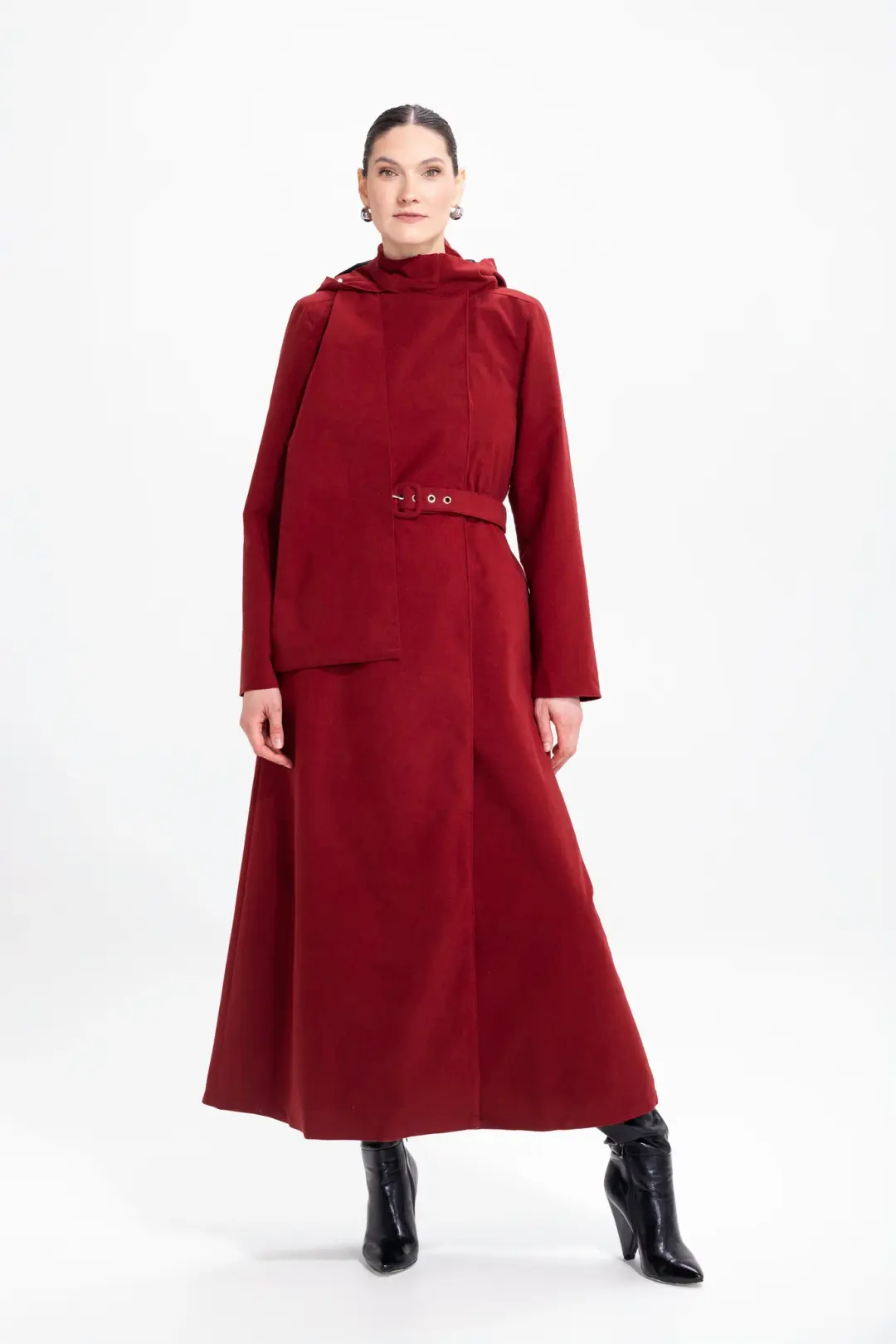Warm Double Breasted Coat with Hood & Scarf | Winter Maroon
