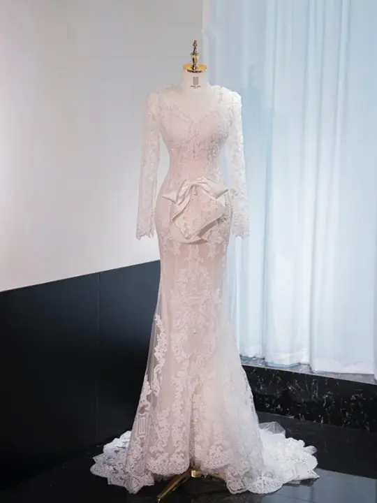 Light apricot V-neck fitted waist bodycon long ball gown, bridal dress R8994