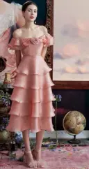 Pink Elegant A-line Bateall Satin Dress with Flower neckline Party Dress Birthday Dress RS004