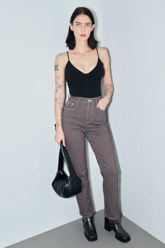 Brown Thin Striped Railroad Jeans